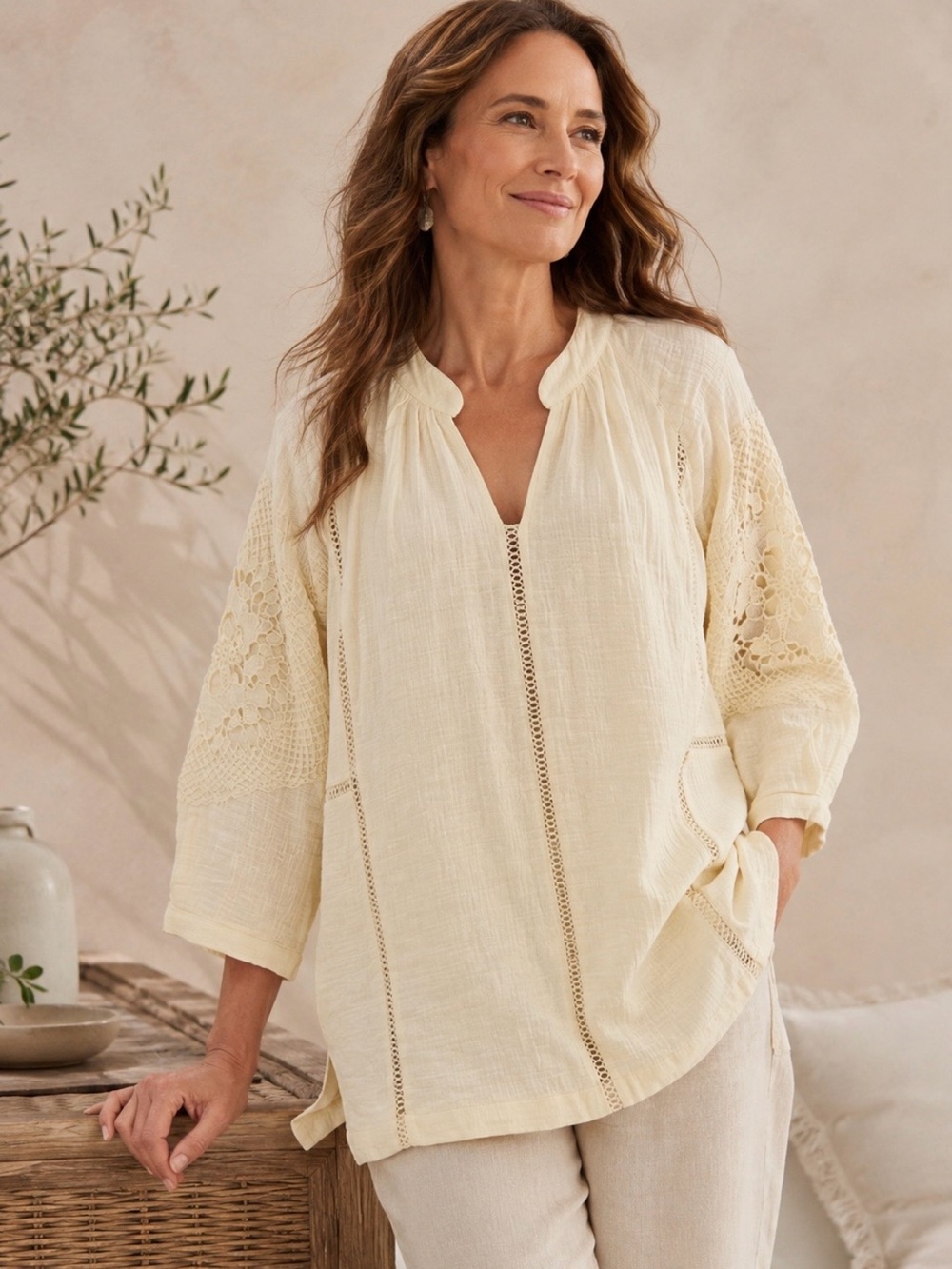 Soft Surroundings Women’s Magnolia Gauze Tunic Top‎ Lace Trim Ivory Lined Size L